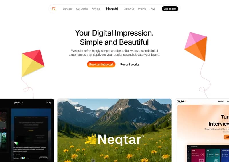 Hanabi homepage hero with colorful kites and selected work