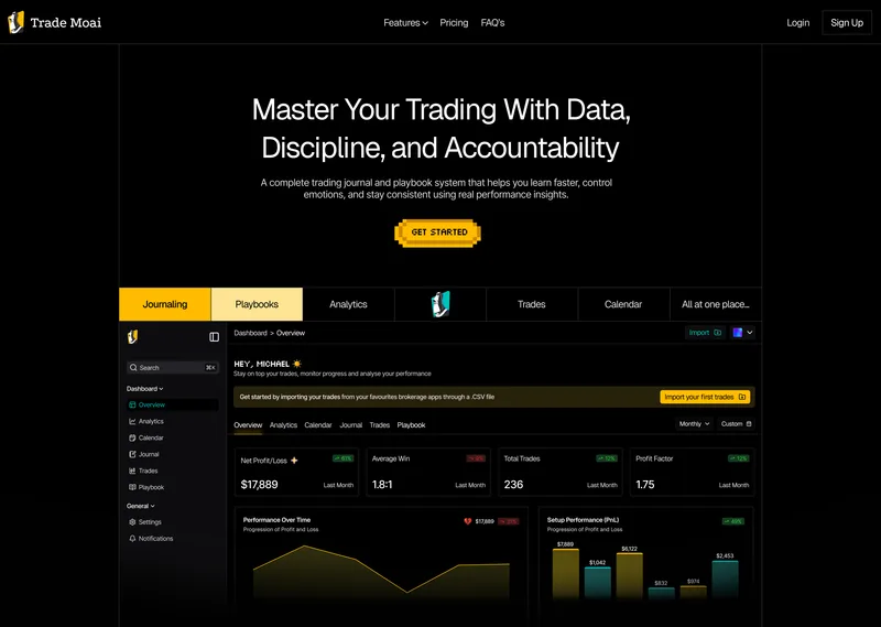 Trade Moai landing page with hero section and dashboard preview