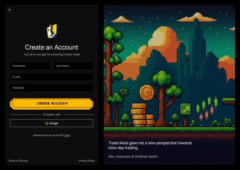 Trade Moai sign-up page with pixel art illustration and testimonial