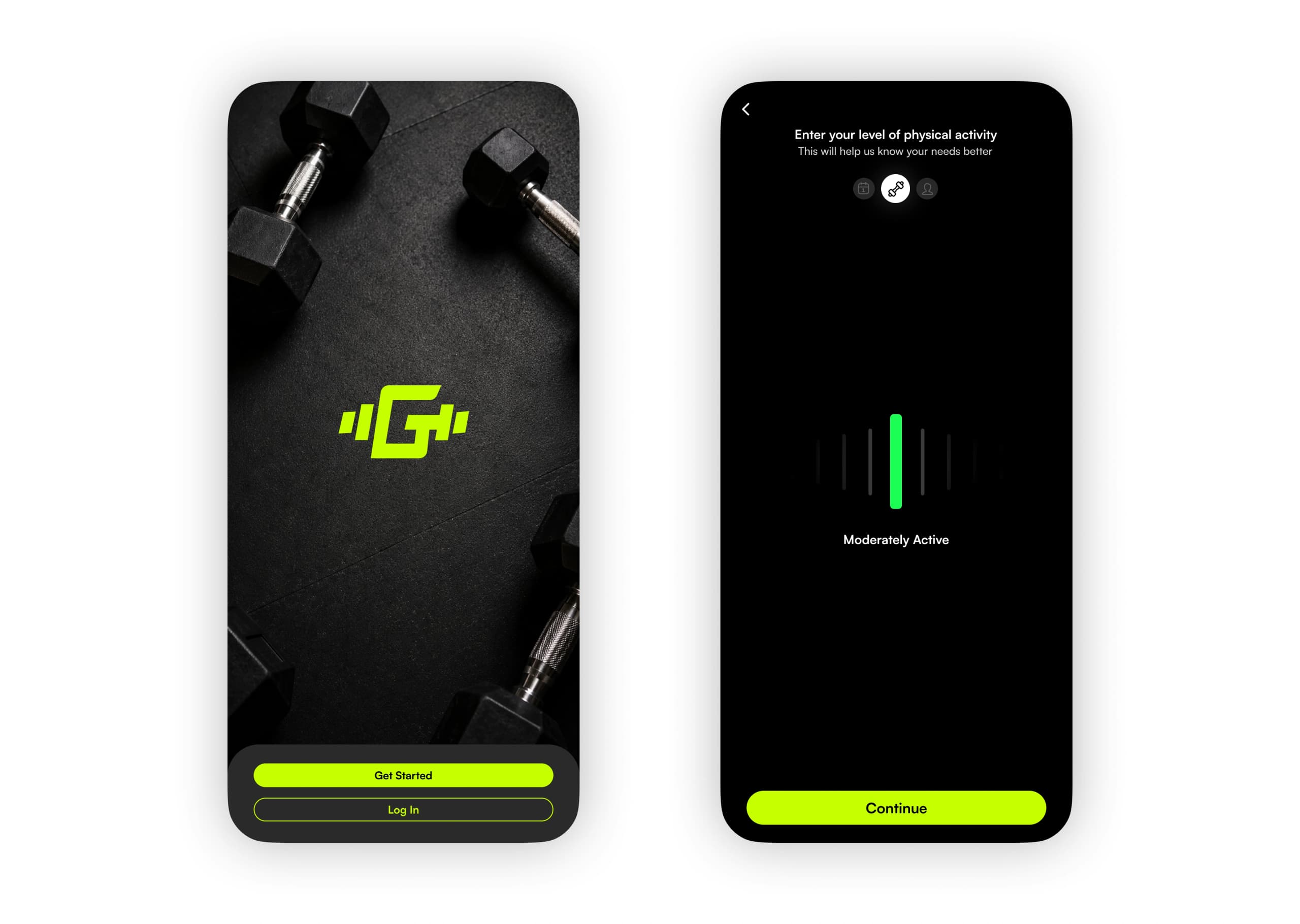 Go Gym splash screen and physical activity selection screen presented side by side