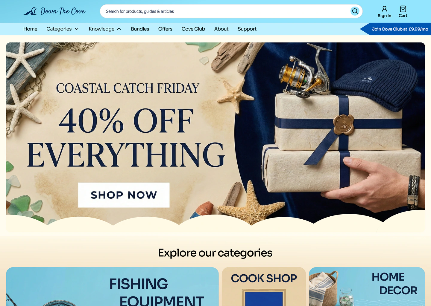 Down The Cove homepage with a Coastal Catch Friday promotion and category grid