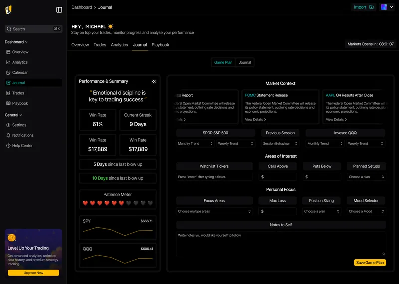 Trade Moai journal page with game plan, market context, patience meter, and focus areas