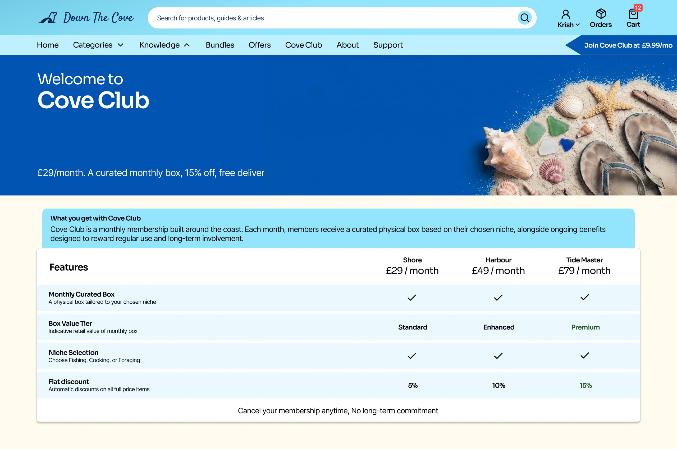 Down The Cove Cove Club membership page with coastal hero and tier comparison table